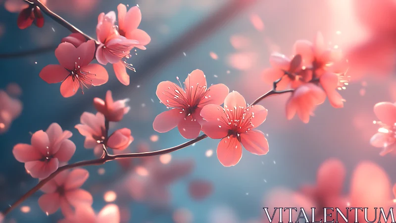 Coral Flowering Branches with Bokeh Background Composition
