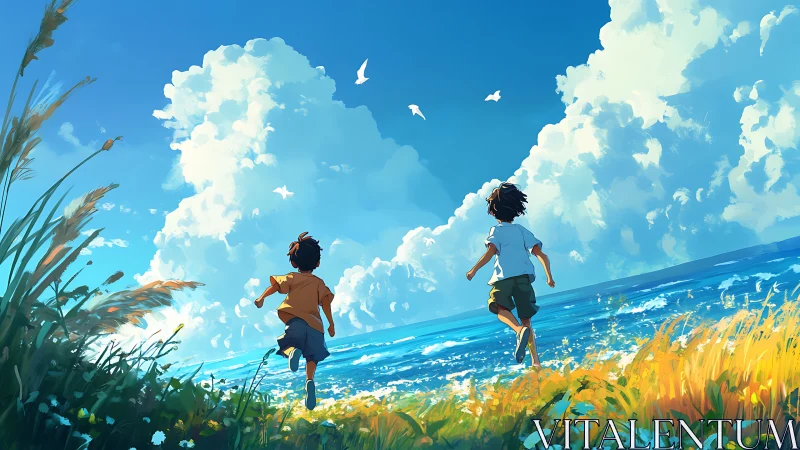 Two children running toward shoreline under cumulus sky.