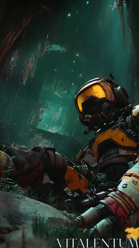 Fallen exosuit explorer in bioluminescent subterranean cavern