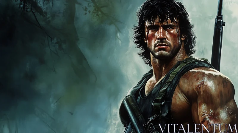 Battle-hardened soldier stands tense against misty jungle