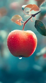 Photorealistic red apple with dewdrops on soft teal bokeh background.