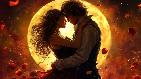 Couple Silhouetted Against Luminous Moon in Fiery Cosmos.