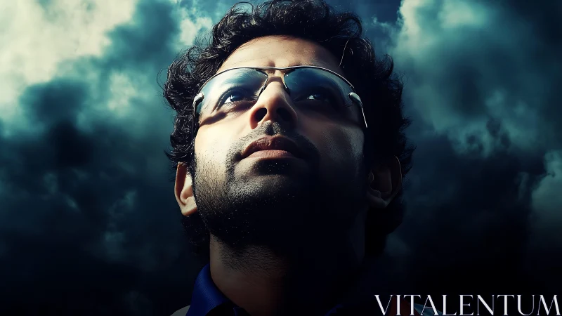 Low angle male portrait with reflective sunglasses, storm clouds