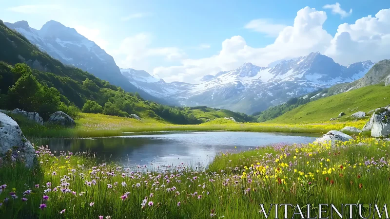 Gentle mountain lake embraced by sunlit wildflower meadows.