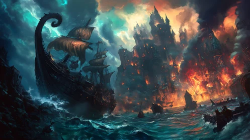 Storm-lit dragon ship watches a burning coastal citadel