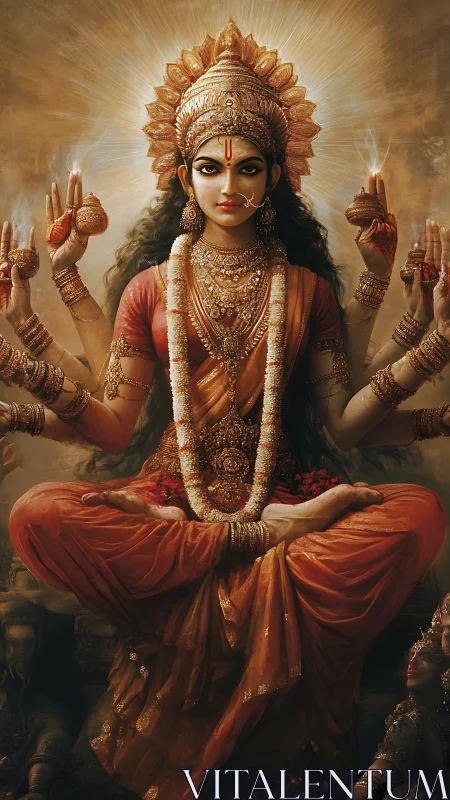Multi-armed seated goddess figure in ornate gold attire.