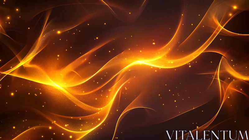 Golden light waves cascade through dark void with particle luminescence.