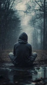 Solitary hooded figure sitting in rainy, dark forest path.