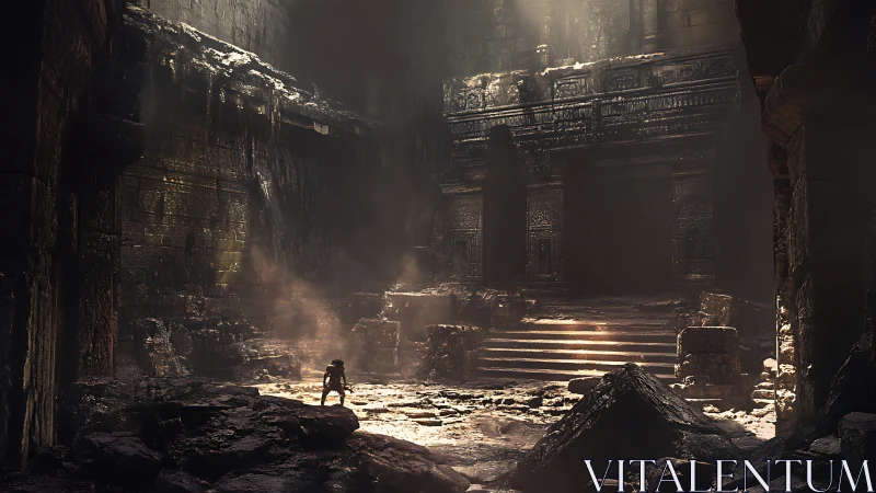 Explorer confronts colossal ruined temple in dust-filled light