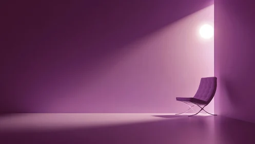 Minimalist purple lounge with modern chair and light orb.