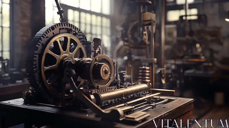 Steam-born brass engine hums in sunlit workshop hush.