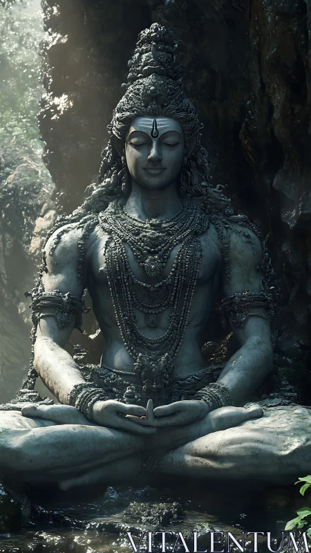 Serene stone deity in forest light inviting quiet reflection.