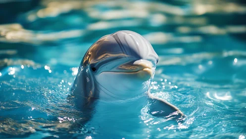 Single dolphin at water surface in controlled pool environment.