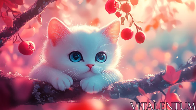 White Cat with Blue Eyes Among Glowing Red Berries
