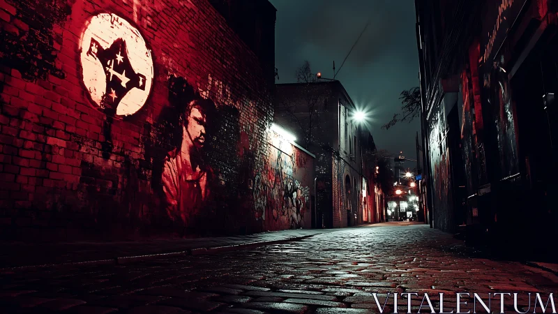Moody urban alleyway with red graffiti portraits at night.