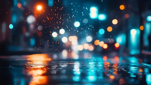 Rain falls onto wet city street as blurred traffic lights glow