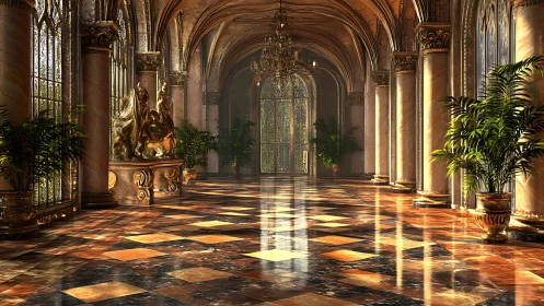 Grand marble palace hall with columns and sunlight.