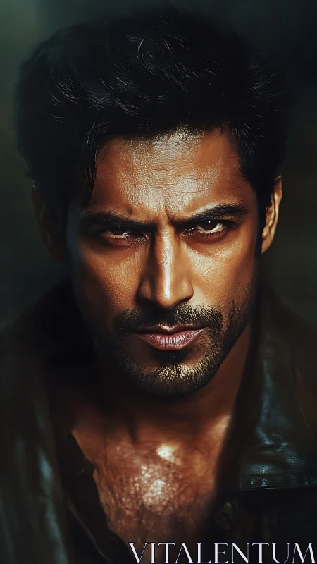 Smoldering male portrait under intense cinematic lighting.