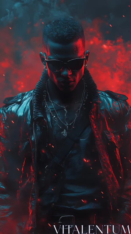 Male figure in leather jacket amid red smoke and sparks.