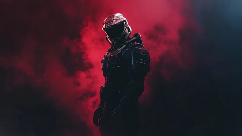 Armored sci-fi soldier emerges through red and blue smoke.