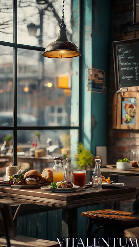 Morning meal setup on wooden caf&eacute; table by large window.