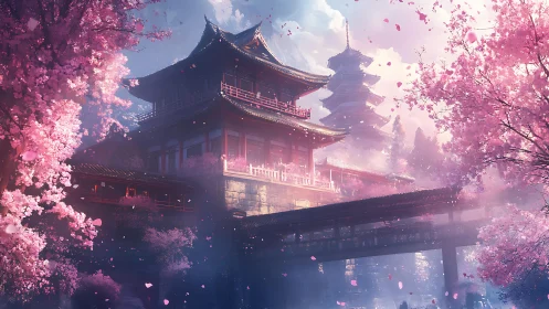 Serene cherry blossom temple bridge bathed in soft spring light.