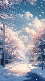 Snowy cherry blossom street glows under a tranquil winter sky