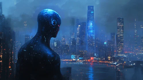 Cybernetic sentinel overlooking neon-drenched megacity skyline.