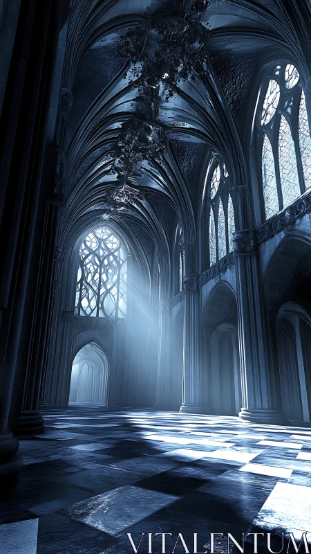 Moonlit cathedral of silver echoes and wandering light beams.