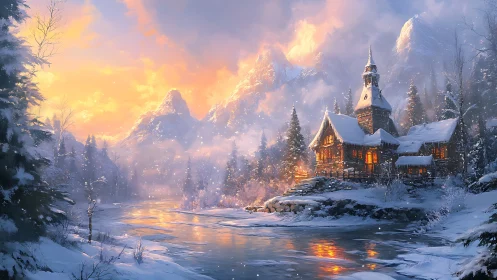 Snowlit mountain chapel glows beside frozen river at dusk.