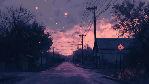 Twilight suburb street draped in dreamy violet quiet.