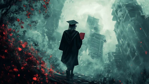 Graduate figure in cap and gown amid ruined cityscape.