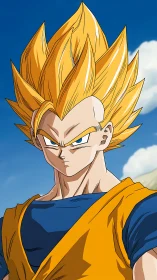 Blond spiky haired anime warrior in orange and blue gi.