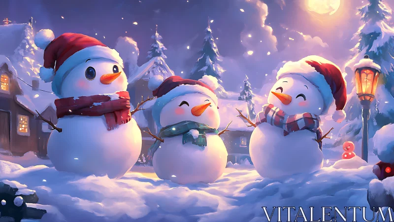 Joyful snowmen celebrate under glowing winter moonlight