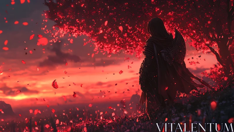 Hooded warrior watches crimson petals swirl at sunset