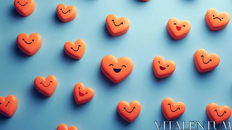 Smiling orange heart icons float over soft blue background