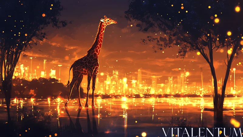 Giraffe of emberlit waters wandering by neon horizon.