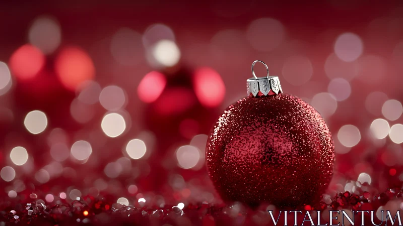 Crimson Christmas bauble sparkling in dreamy holiday bokeh.