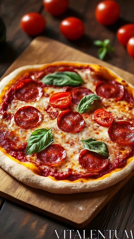 Cozy pepperoni pizza with basil ready for shared slices.
