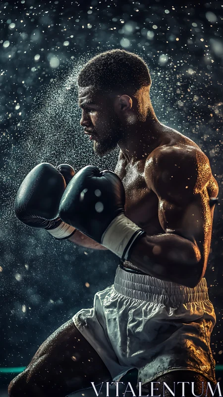 Boxer in Rain - Athletic Portrait with Water Spray Effects.