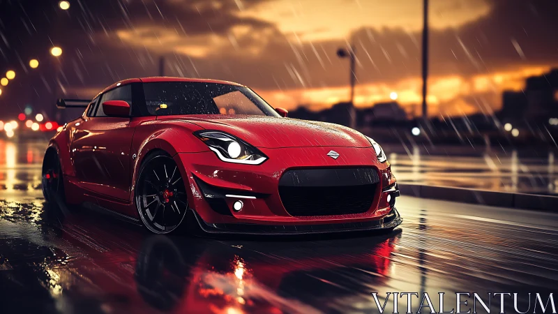 Crimson street racer hums through neon rain at dusk