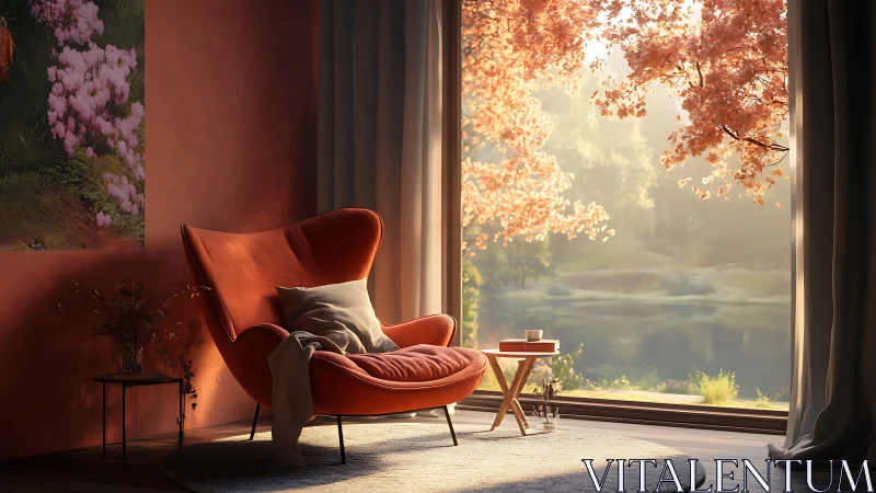 Cozy reading nook beside a sunlit lake and autumn leaves.