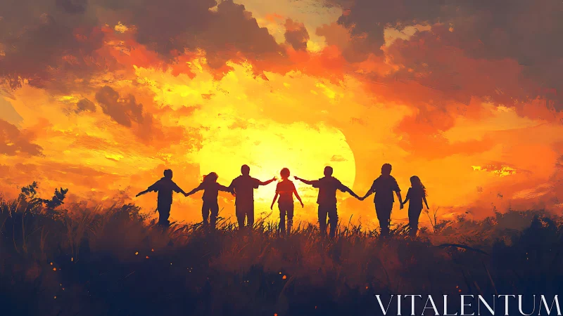 Digital painting of silhouetted friends at radiant sunset horizon.