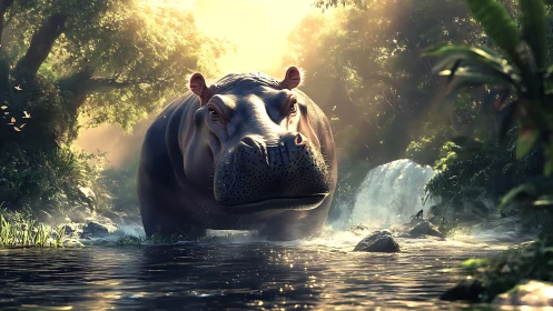 Sunlit river monarch, the hippo strolls through misted falls