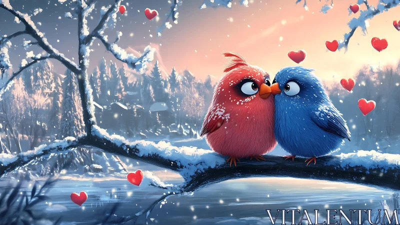 Anthropomorphic avian pair rendered with volumetric snow texture display romantic winter landscape a