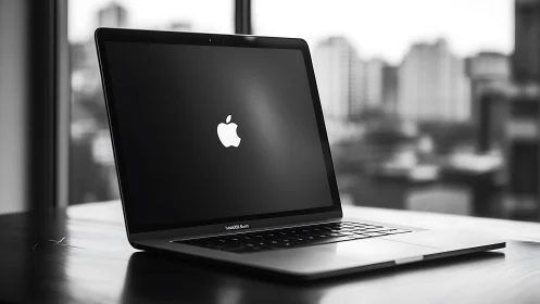 Sleek laptop resting by a city window, ready for ideas.