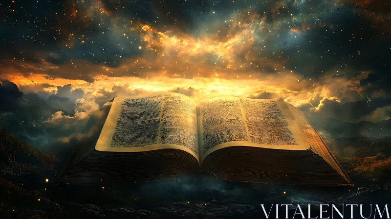 Cosmic scripture opens, spilling starlit wisdom across clouds.