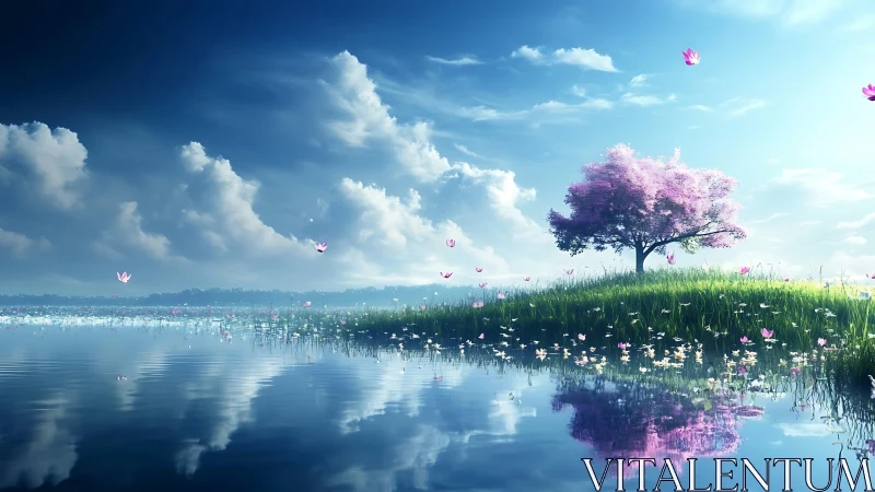 Dreamy pink blossom tree brightens a calm reflective lake