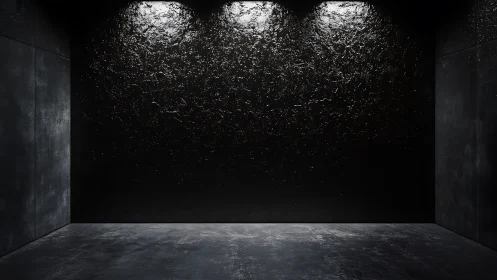 Dark empty concrete room with textured black back wall.