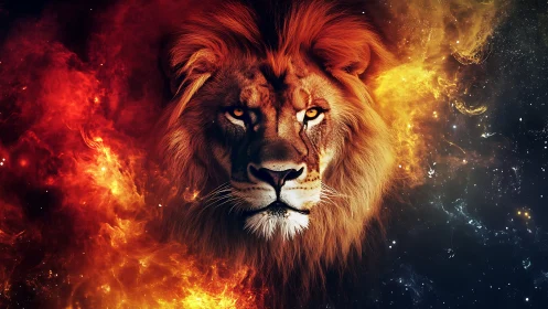 Lion head centered between fiery nebula and dark space
